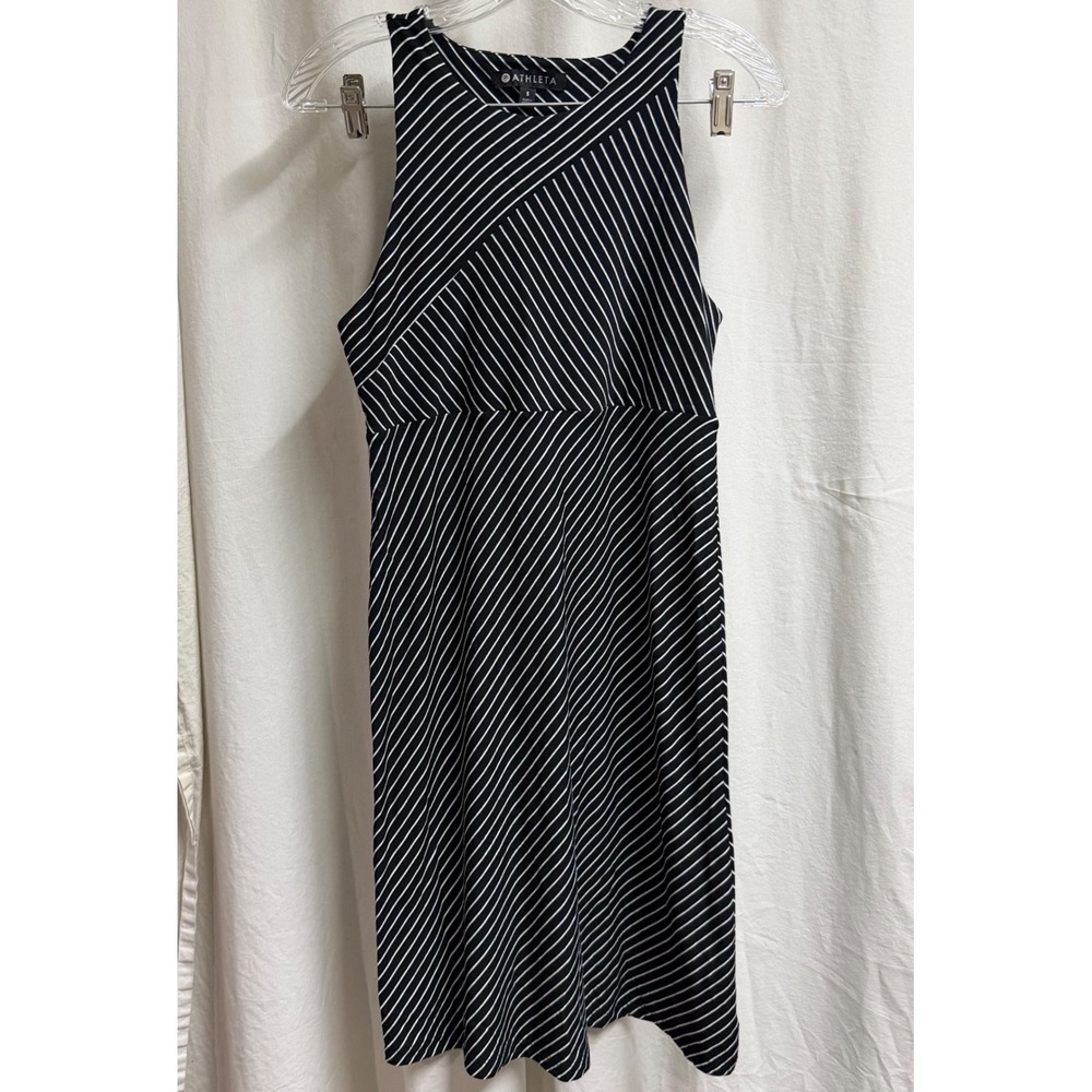 Athleta Black White Striped Sleeveless Midi Dress S 228764-00 High Neck Modal